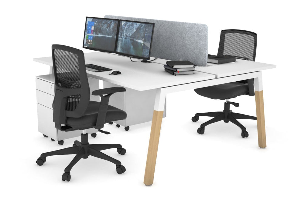 Quadro A Legs 2 Person Office Workstation - Wood Legs Cross Beam [1400L x 700W]-white leg white light grey acoustic panel (400H x 1200W)