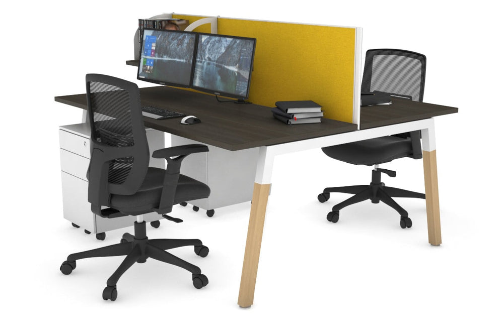 Quadro A Legs 2 Person Office Workstation - Wood Legs Cross Beam [1400L x 700W]-white leg dark oak mustard yellow (500H x 1400W)