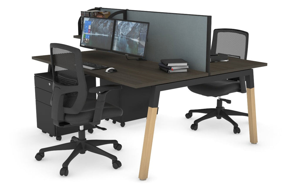 Quadro A Legs 2 Person Office Workstation - Wood Legs Cross Beam [1400L x 700W]-black leg dark oak cool grey (500H x 1400W)