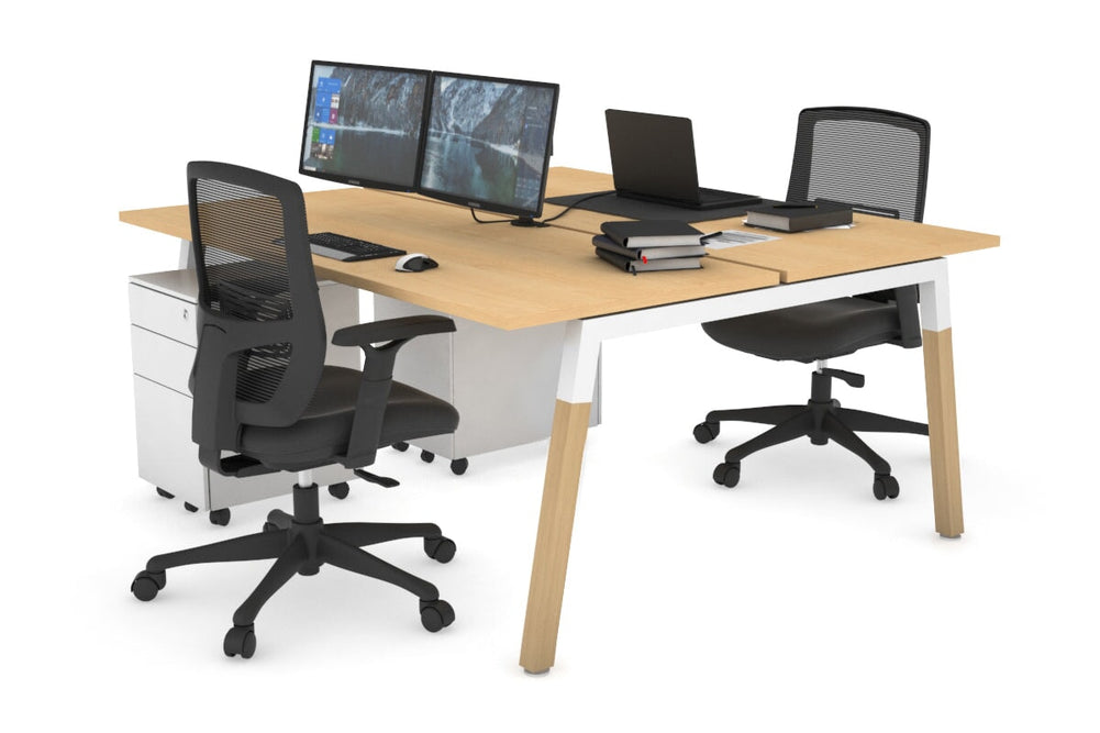 Quadro A Legs 2 Person Office Workstation - Wood Legs Cross Beam [1400L x 700W]-white leg maple none