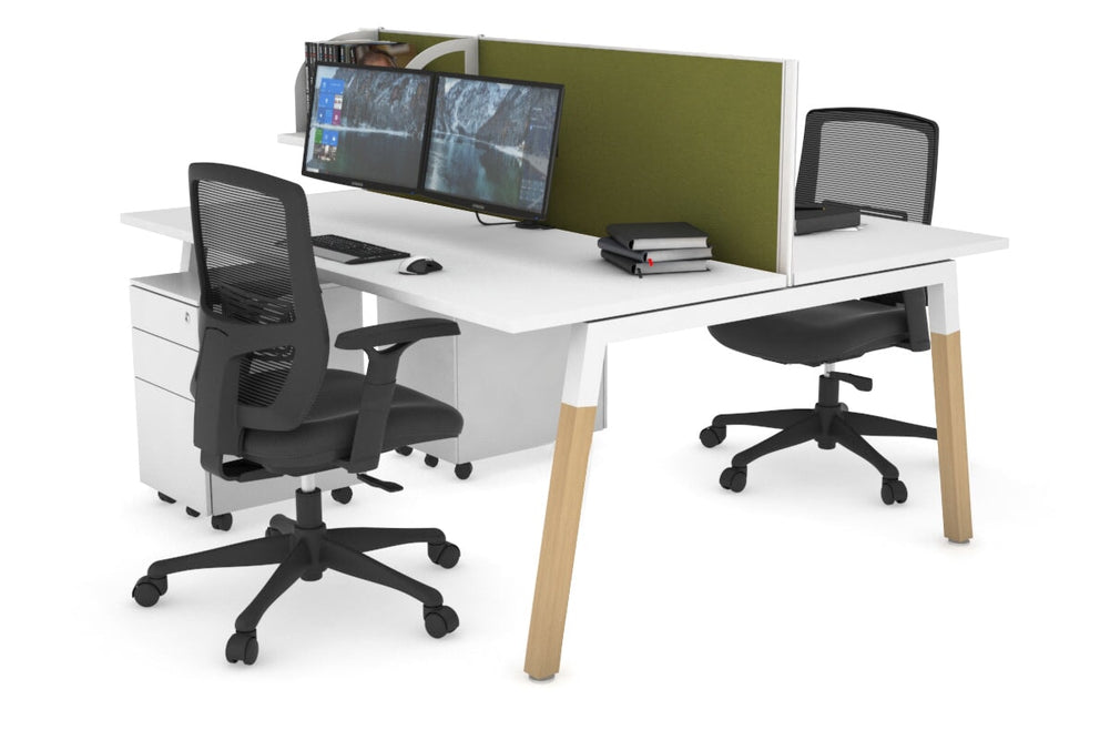 Quadro A Legs 2 Person Office Workstation - Wood Legs Cross Beam [1400L x 700W]-white leg white green moss (500H x 1400W)