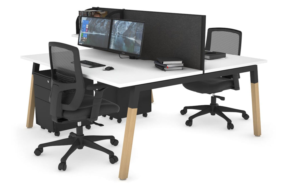 Quadro A Legs 2 Person Office Workstation - Wood Legs Cross Beam [1400L x 800W with Cable Scallop]-black leg white moody charcoal (500H x 1400W)