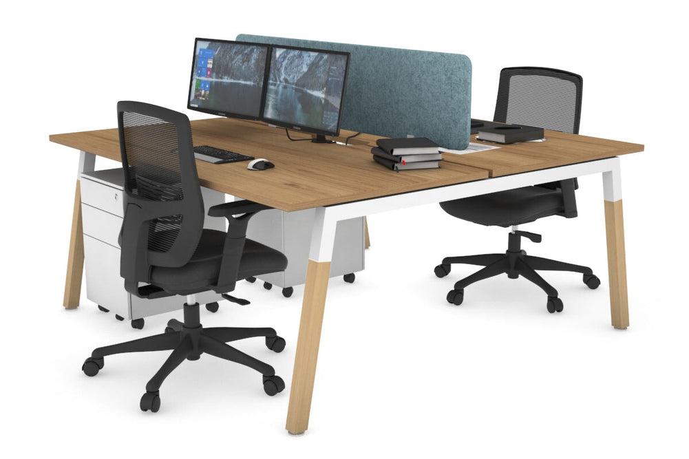 Quadro A Legs 2 Person Office Workstation - Wood Legs Cross Beam [1400L x 800W with Cable Scallop]-white leg salvage oak blue acoustic panel (400H x 1200W)