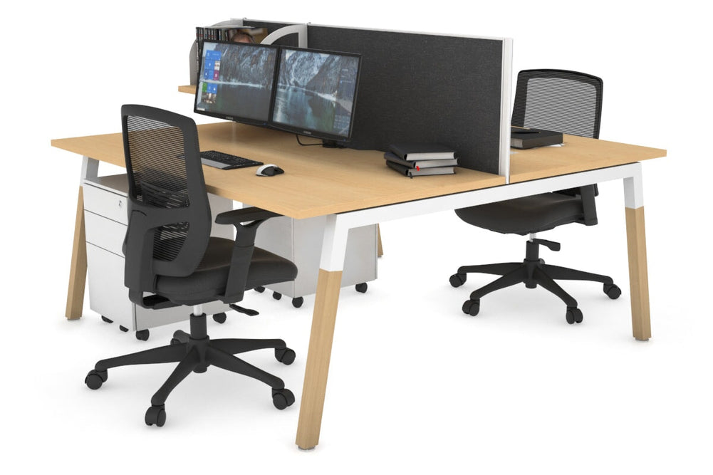 Quadro A Legs 2 Person Office Workstation - Wood Legs Cross Beam [1400L x 800W with Cable Scallop]-white leg maple moody charcoal (500H x 1400W)