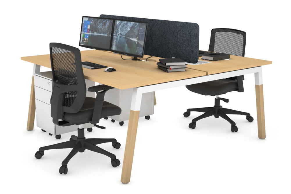 Quadro A Legs 2 Person Office Workstation - Wood Legs Cross Beam [1400L x 800W with Cable Scallop]-white leg maple dark grey acoustic panel (400H x 1200W)