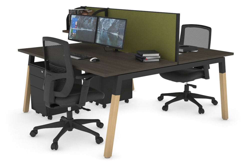 Quadro A Legs 2 Person Office Workstation - Wood Legs Cross Beam [1400L x 800W with Cable Scallop]-black leg dark oak green moss (500H x 1400W)
