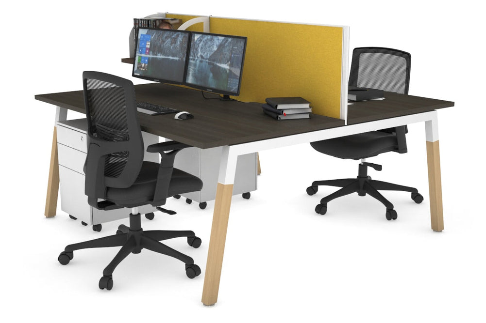 Quadro A Legs 2 Person Office Workstation - Wood Legs Cross Beam [1400L x 800W with Cable Scallop]-white leg dark oak mustard yellow (500H x 1400W)