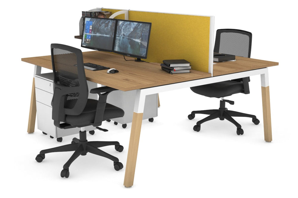Quadro A Legs 2 Person Office Workstation - Wood Legs Cross Beam [1400L x 800W with Cable Scallop]-white leg salvage oak mustard yellow (500H x 1400W)
