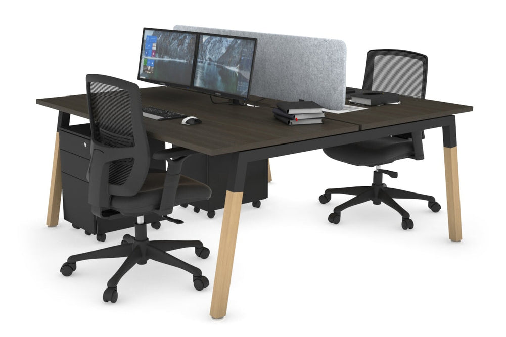 Quadro A Legs 2 Person Office Workstation - Wood Legs Cross Beam [1400L x 800W with Cable Scallop]-black leg dark oak light grey acoustic panel (400H x 1200W)