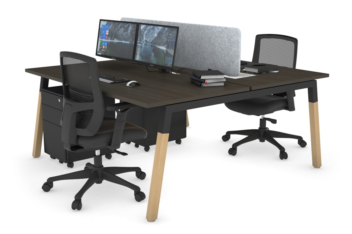 Quadro A Leg 2 Person Office Workstations - Wood Leg Cross Beam [1400L x 800W with Cable Scallop] Jasonl black leg dark oak light grey echo panel (400H x 1200W)