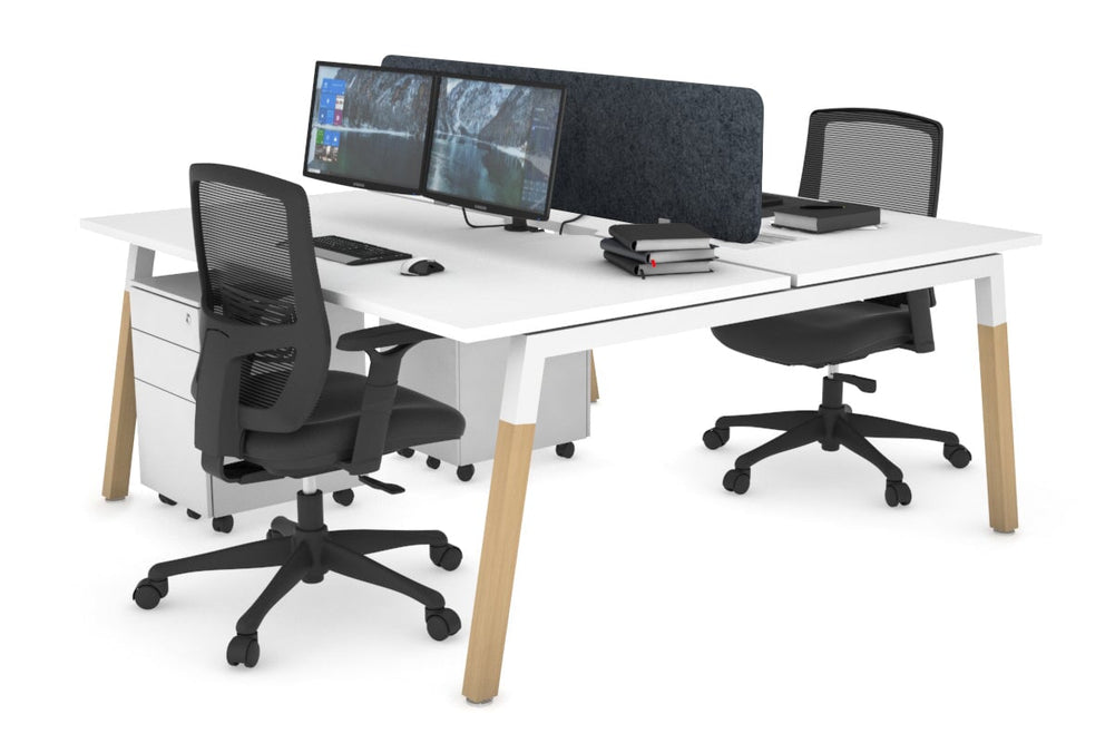 Quadro A Legs 2 Person Office Workstation - Wood Legs Cross Beam [1400L x 800W with Cable Scallop]-white leg white dark grey acoustic panel (400H x 1200W)