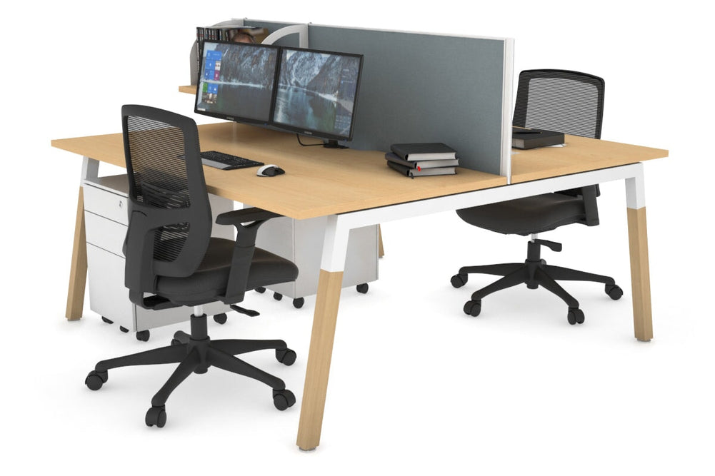 Quadro A Legs 2 Person Office Workstation - Wood Legs Cross Beam [1400L x 800W with Cable Scallop]-white leg maple cool grey (500H x 1400W)