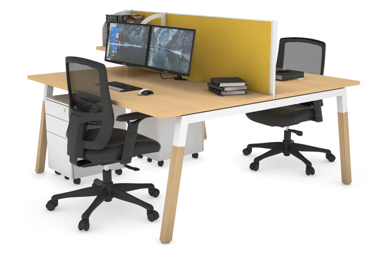 Quadro A Leg 2 Person Office Workstations - Wood Leg Cross Beam [1400L x 800W with Cable Scallop] Jasonl white leg maple mustard yellow (500H x 1400W)