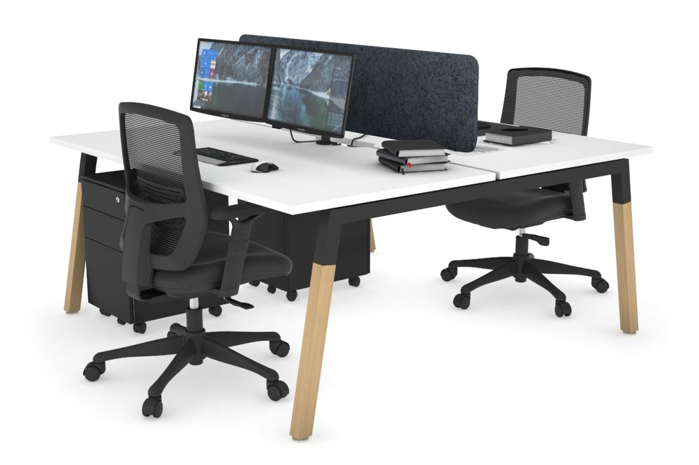 Quadro A Legs 2 Person Office Workstation - Wood Legs Cross Beam [1400L x 800W with Cable Scallop]-black leg white dark grey acoustic panel (400H x 1200W)