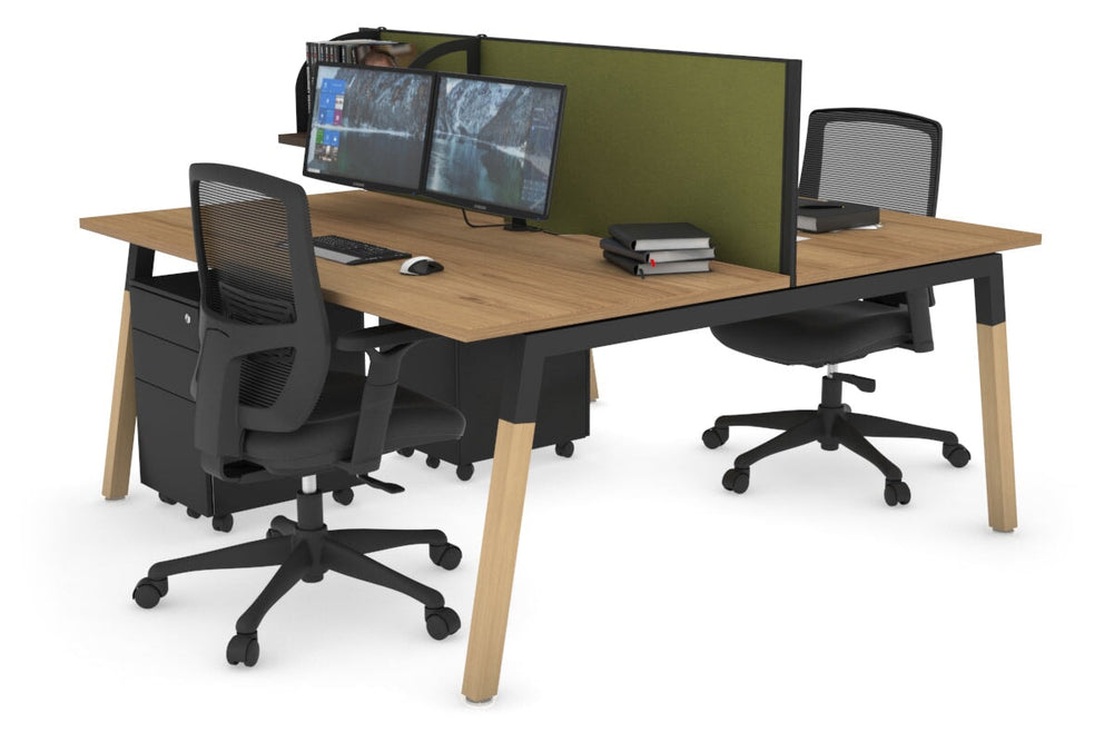 Quadro A Legs 2 Person Office Workstation - Wood Legs Cross Beam [1400L x 800W with Cable Scallop]-black leg salvage oak green moss (500H x 1400W)