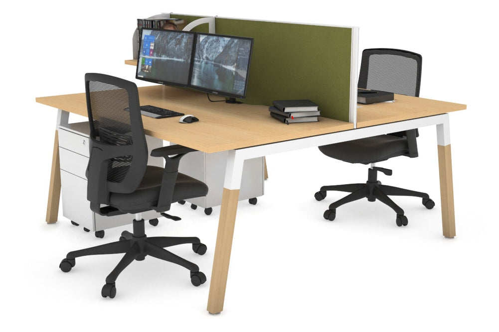 Quadro A Legs 2 Person Office Workstation - Wood Legs Cross Beam [1400L x 800W with Cable Scallop]-white leg maple green moss (500H x 1400W)