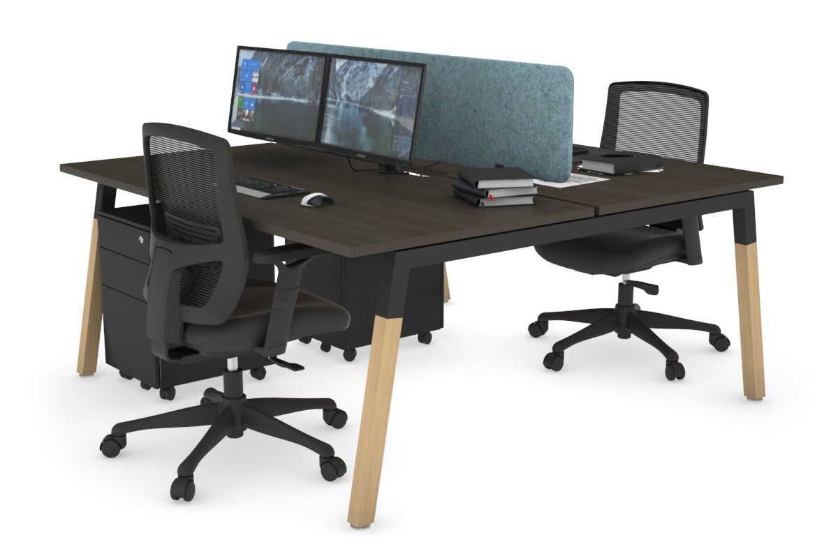 Quadro A Leg 2 Person Office Workstations - Wood Leg Cross Beam [1400L x 800W with Cable Scallop] Jasonl black leg dark oak blue echo panel (400H x 1200W)