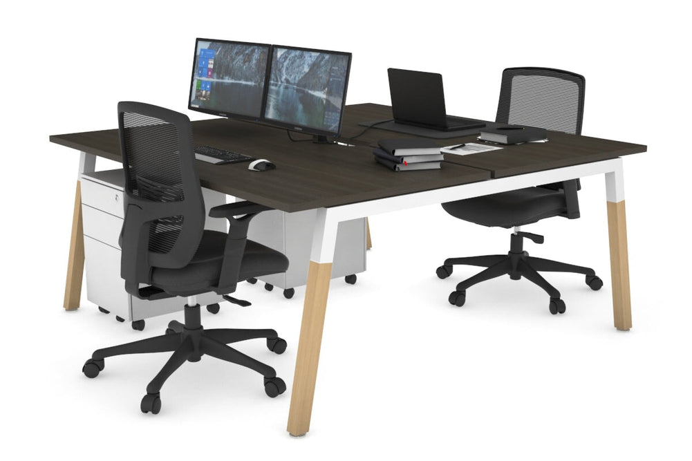 Quadro A Legs 2 Person Office Workstation - Wood Legs Cross Beam [1400L x 800W with Cable Scallop]-white leg dark oak none