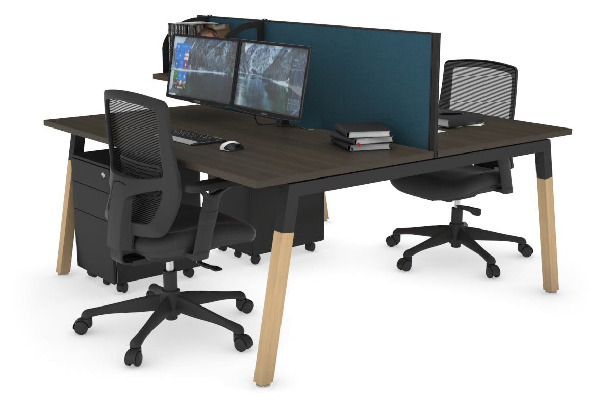 Quadro A Leg 2 Person Office Workstations - Wood Leg Cross Beam [1400L x 800W with Cable Scallop] Jasonl black leg dark oak deep blue (500H x 1400W)