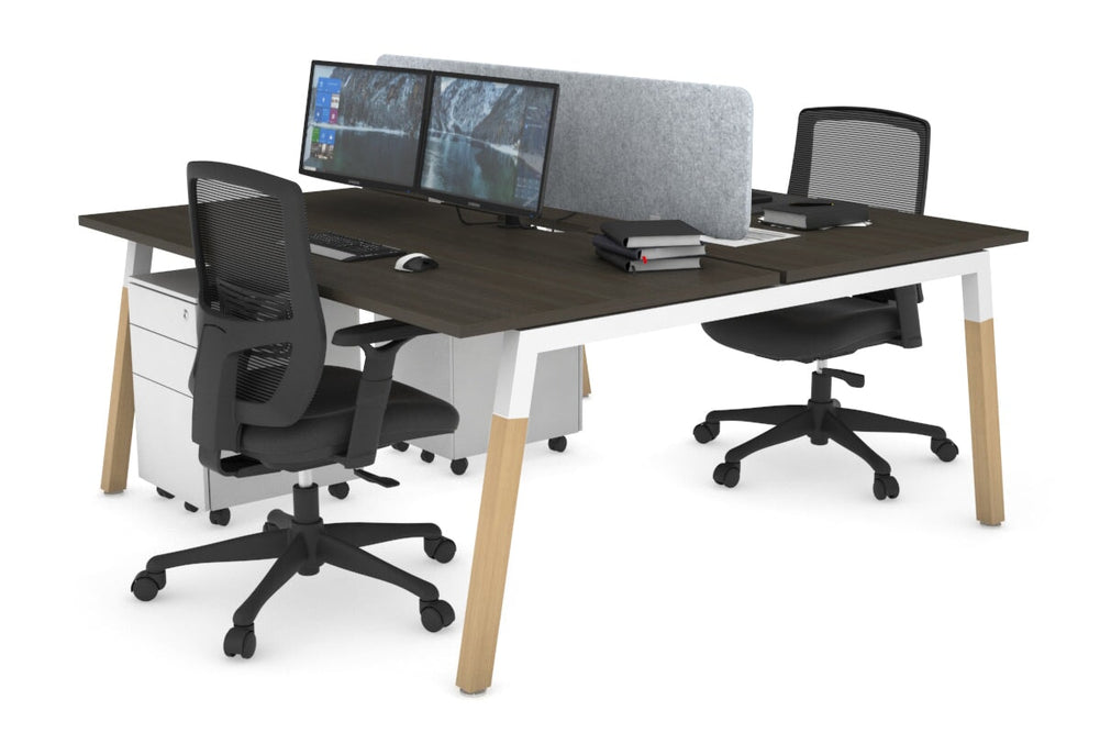Quadro A Legs 2 Person Office Workstation - Wood Legs Cross Beam [1400L x 800W with Cable Scallop]-white leg dark oak light grey acoustic panel (400H x 1200W)