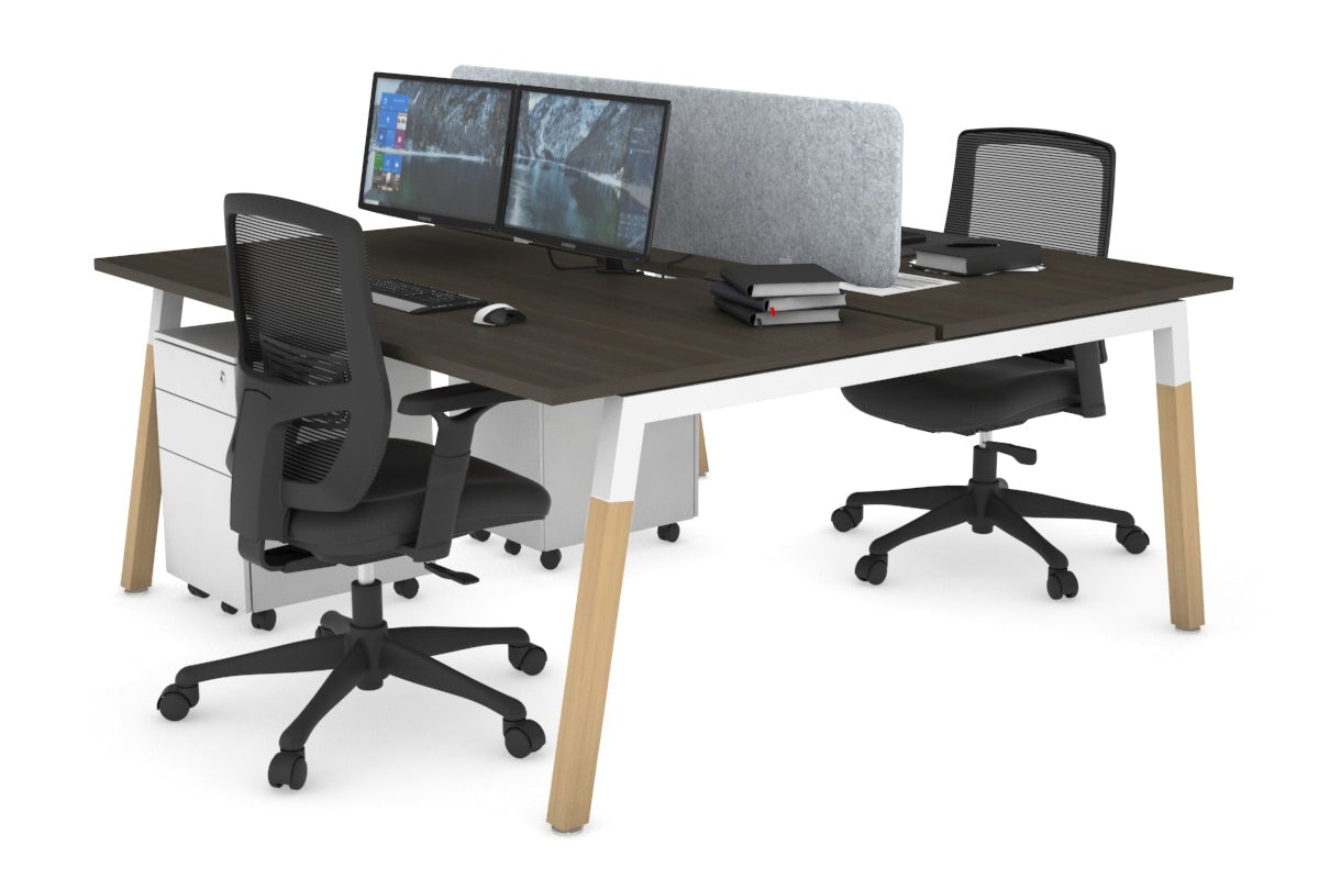 Quadro A Leg 2 Person Office Workstations - Wood Leg Cross Beam [1400L x 800W with Cable Scallop] Jasonl white leg dark oak light grey echo panel (400H x 1200W)