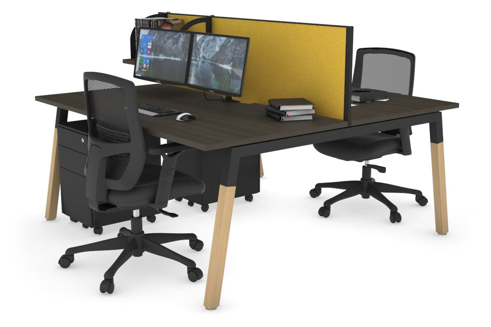 Quadro A Legs 2 Person Office Workstation - Wood Legs Cross Beam [1400L x 800W with Cable Scallop]-black leg dark oak mustard yellow (500H x 1400W)