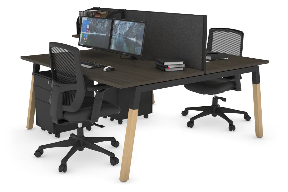 Quadro A Leg 2 Person Office Workstations - Wood Leg Cross Beam [1400L x 800W with Cable Scallop] Jasonl black leg dark oak moody charcoal (500H x 1400W)