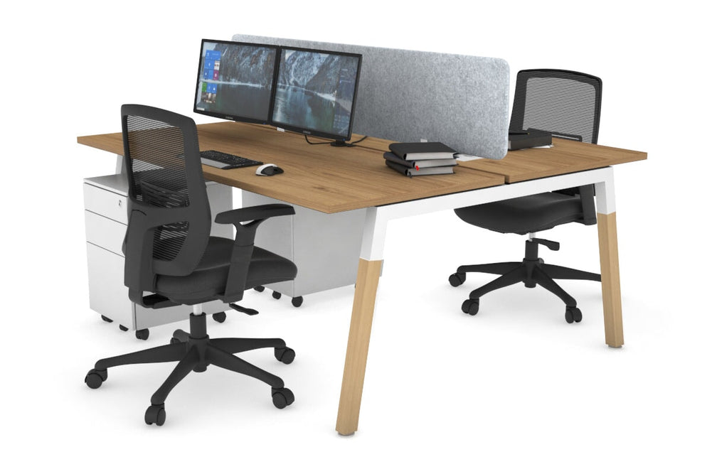 Quadro A Legs 2 Person Office Workstation - Wood Legs Cross Beam [1600L x 700W]-white leg salvage oak light grey acoustic panel (400H x 1600W)