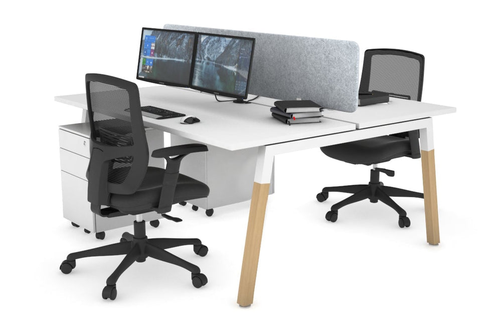Quadro A Legs 2 Person Office Workstation - Wood Legs Cross Beam [1600L x 700W]-white leg white light grey acoustic panel (400H x 1600W)
