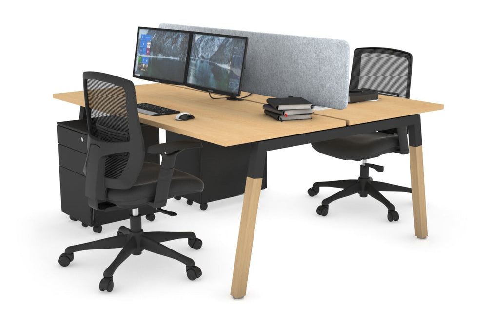 Quadro A Legs 2 Person Office Workstation - Wood Legs Cross Beam [1600L x 700W]-black leg maple light grey acoustic panel (400H x 1600W)