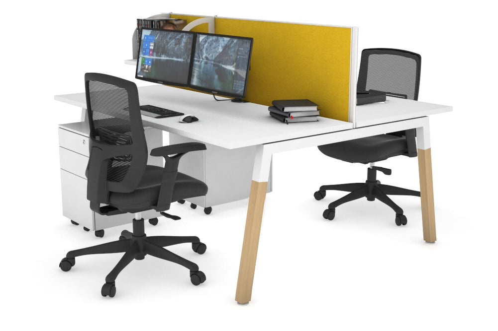 Quadro A Legs 2 Person Office Workstation - Wood Legs Cross Beam [1600L x 700W]-white leg white mustard yellow (500H x 1600W)
