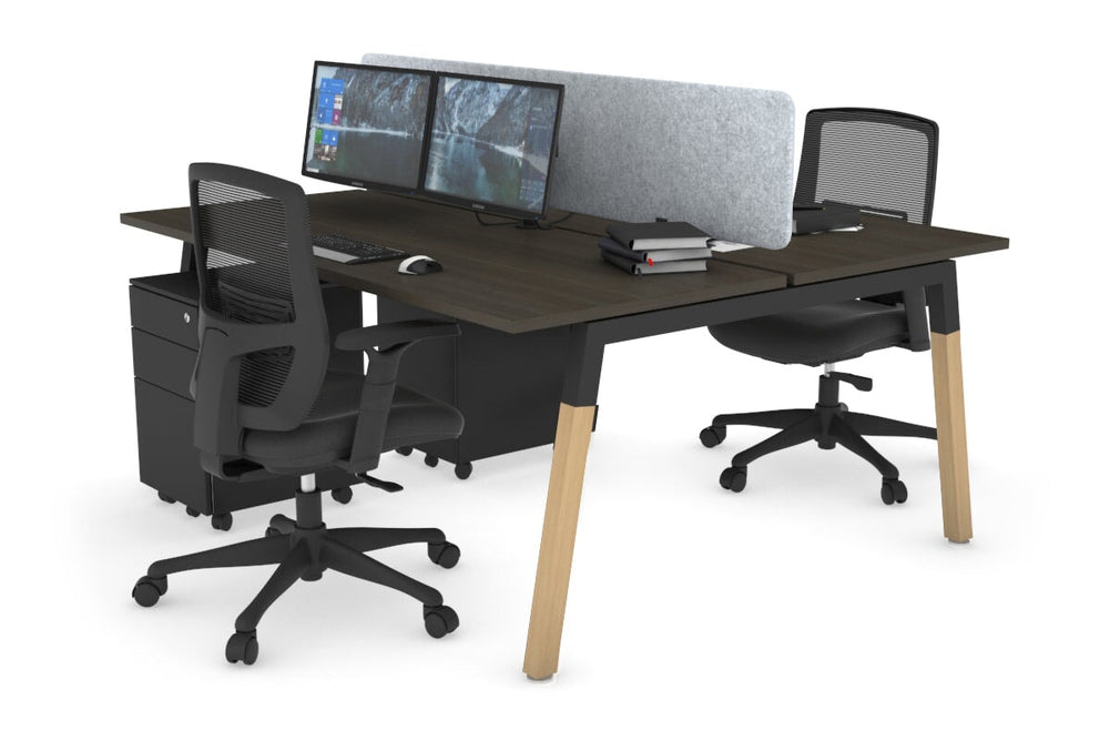Quadro A Legs 2 Person Office Workstation - Wood Legs Cross Beam [1600L x 700W]-black leg dark oak light grey acoustic panel (400H x 1600W)
