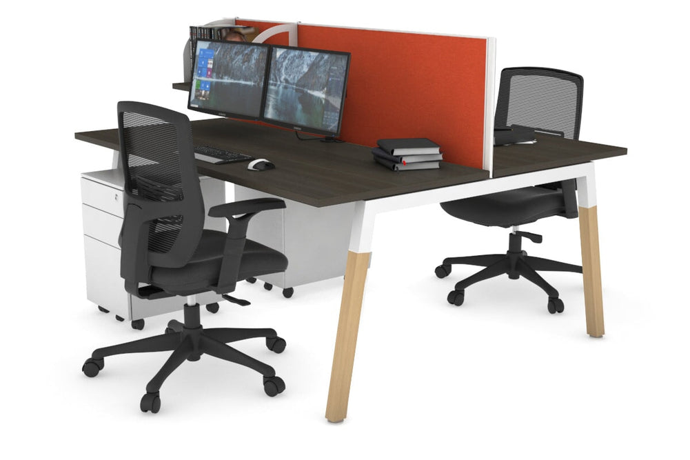 Quadro A Legs 2 Person Office Workstation - Wood Legs Cross Beam [1600L x 700W]-white leg dark oak orange squash (500H x 1600W)