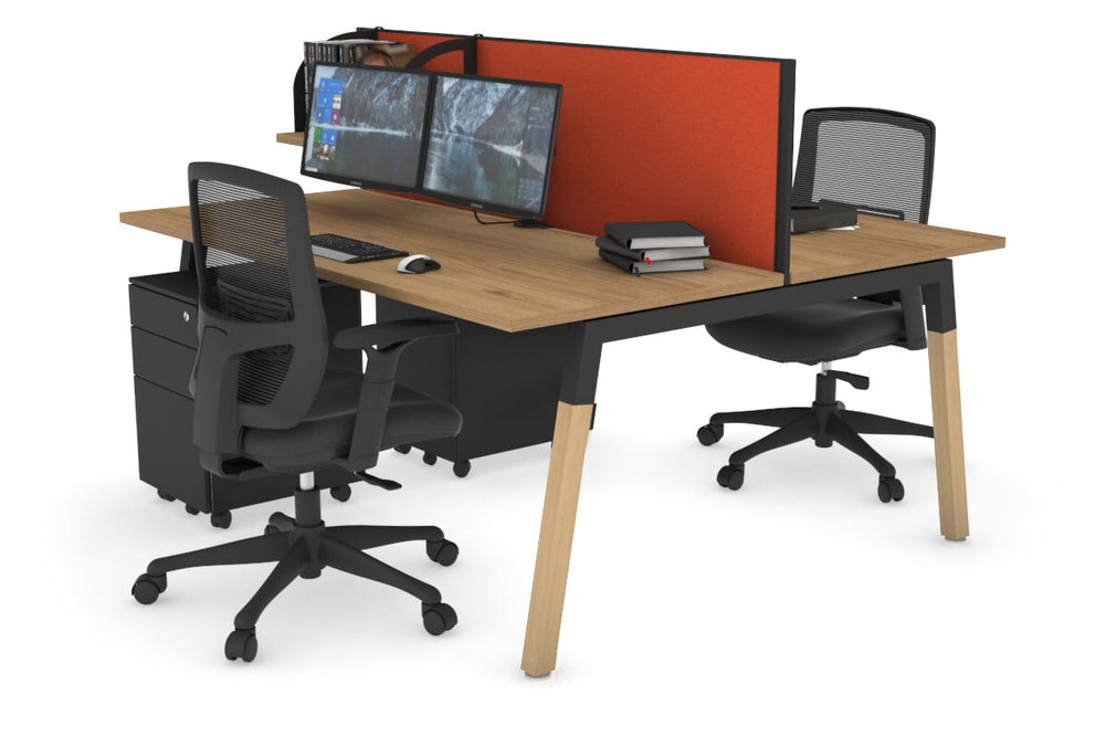 Quadro A Legs 2 Person Office Workstation - Wood Legs Cross Beam [1600L x 700W]-black leg salvage oak orange squash (500H x 1600W)