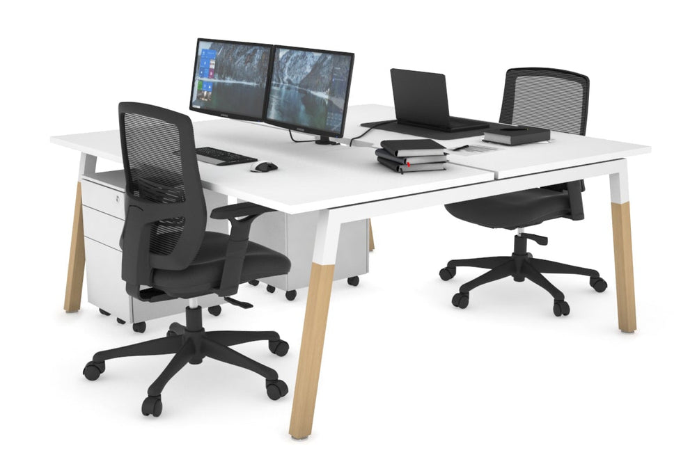 Quadro A Legs 2 Person Office Workstation - Wood Legs Cross Beam [1600L x 800W with Cable Scallop]-white leg white none