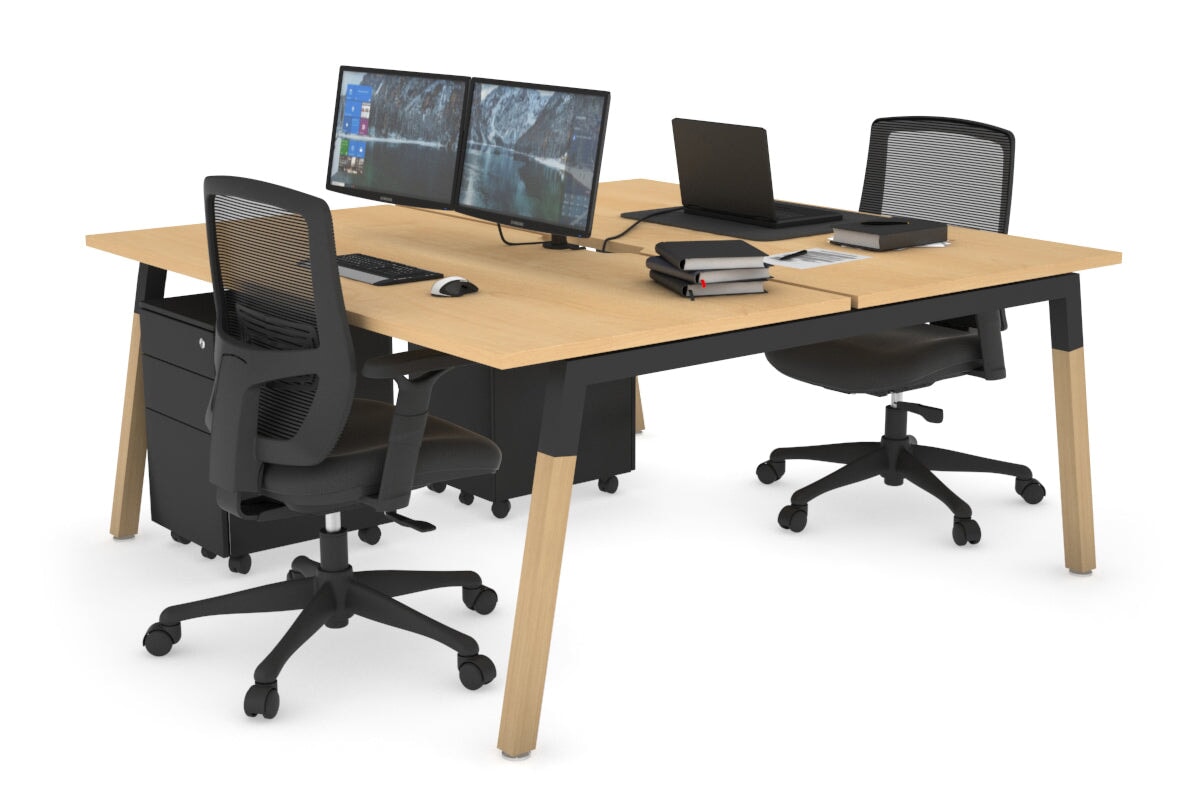 Quadro A Leg 2 Person Office Workstations - Wood Leg Cross Beam [1600L x 800W with Cable Scallop] Jasonl black leg maple none