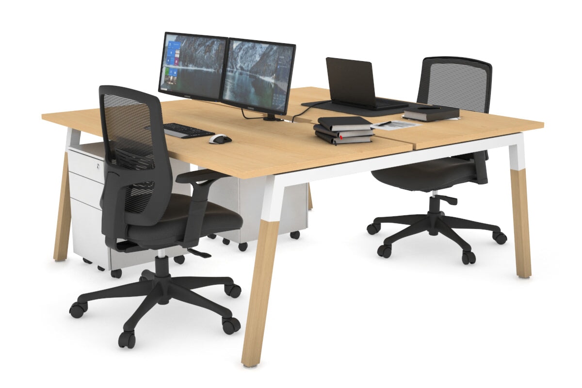 Quadro A Leg 2 Person Office Workstations - Wood Leg Cross Beam [1600L x 800W with Cable Scallop] Jasonl white leg maple none