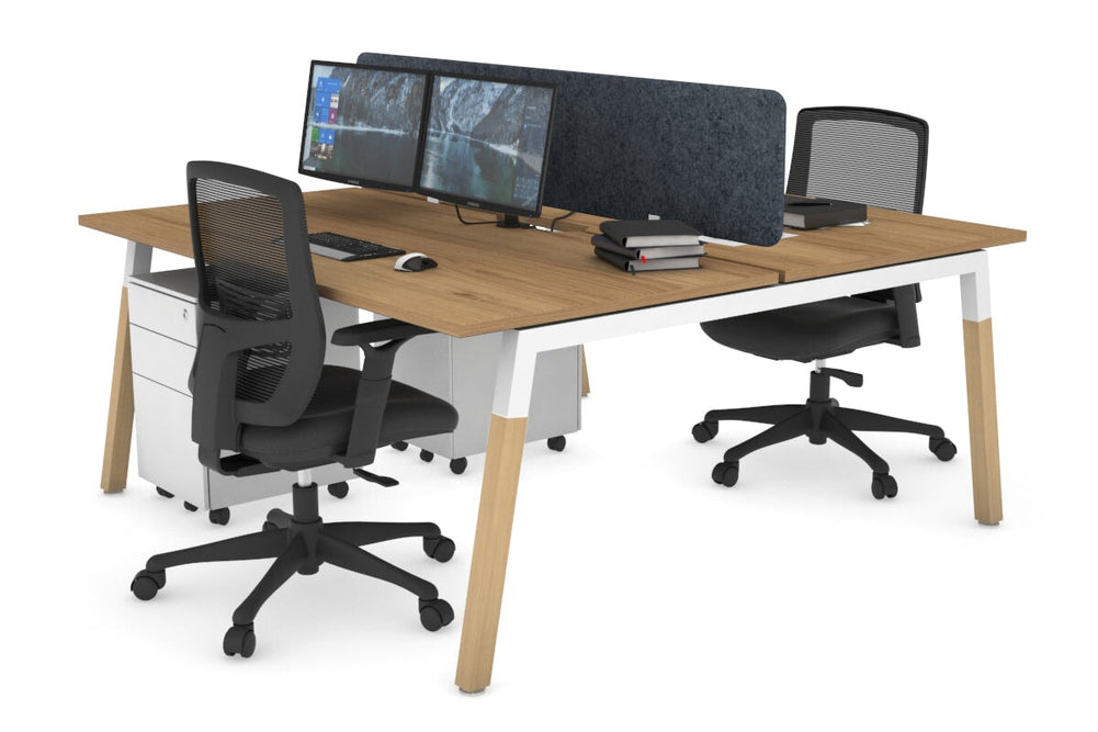 Quadro A Legs 2 Person Office Workstation - Wood Legs Cross Beam [1600L x 800W with Cable Scallop]-white leg salvage oak dark grey acoustic panel (400H x 1600W)