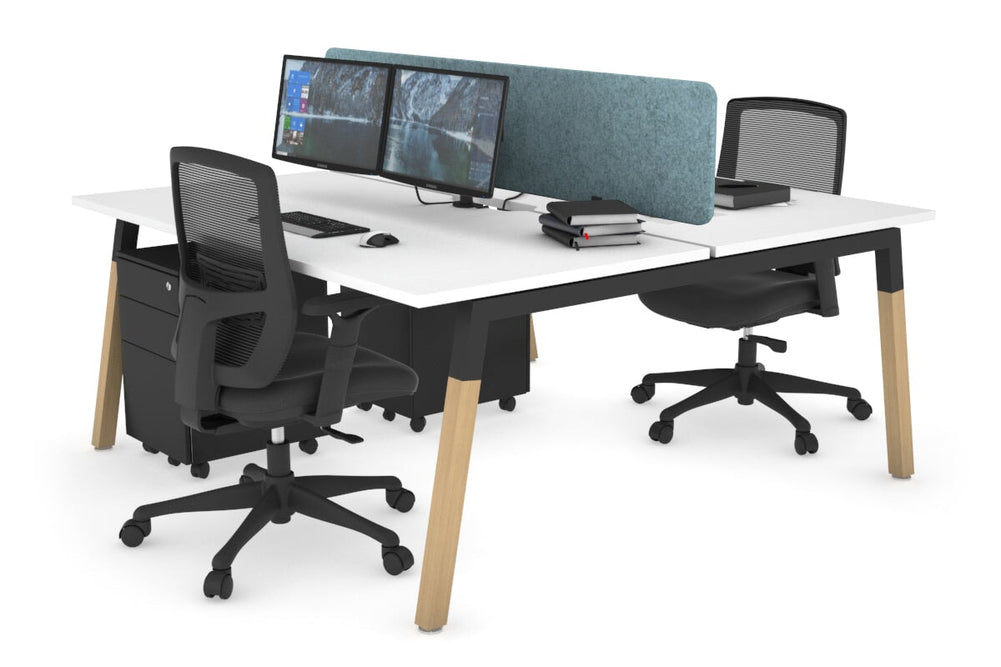 Quadro A Legs 2 Person Office Workstation - Wood Legs Cross Beam [1600L x 800W with Cable Scallop]-black leg white blue acoustic panel (400H x 1600W)