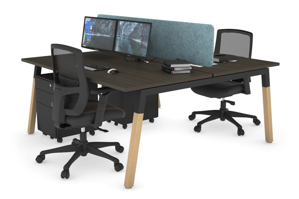 Quadro A Legs 2 Person Office Workstation - Wood Legs Cross Beam [1600L x 800W with Cable Scallop]-black leg dark oak blue acoustic panel (400H x 1600W)