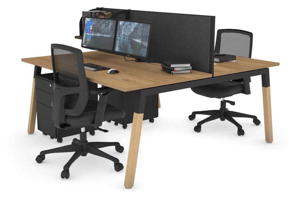 Quadro A Legs 2 Person Office Workstation - Wood Legs Cross Beam [1600L x 800W with Cable Scallop]-black leg salvage oak moody charcoal (500H x 1600W)