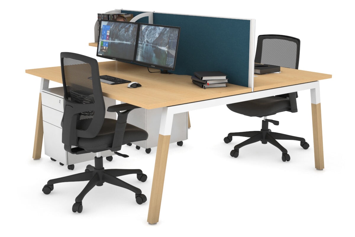Quadro A Leg 2 Person Office Workstations - Wood Leg Cross Beam [1600L x 800W with Cable Scallop] Jasonl white leg maple deep blue (500H x 1600W)