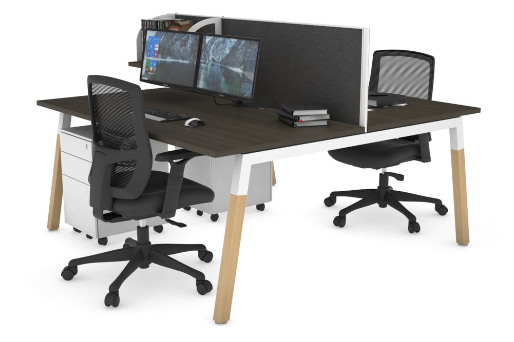 Quadro A Legs 2 Person Office Workstation - Wood Legs Cross Beam [1600L x 800W with Cable Scallop]-white leg dark oak moody charcoal (500H x 1600W)