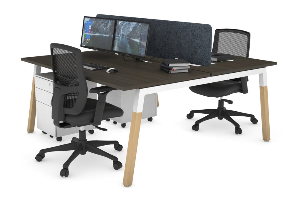 Quadro A Legs 2 Person Office Workstation - Wood Legs Cross Beam [1600L x 800W with Cable Scallop]-white leg dark oak dark grey acoustic panel (400H x 1600W)
