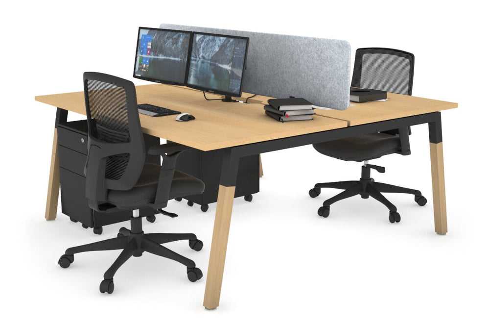 Quadro A Legs 2 Person Office Workstation - Wood Legs Cross Beam [1600L x 800W with Cable Scallop]-black leg maple light grey acoustic panel (400H x 1600W)
