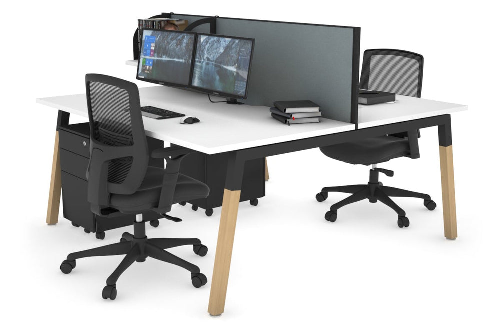 Quadro A Legs 2 Person Office Workstation - Wood Legs Cross Beam [1600L x 800W with Cable Scallop]-black leg white cool grey (500H x 1600W)