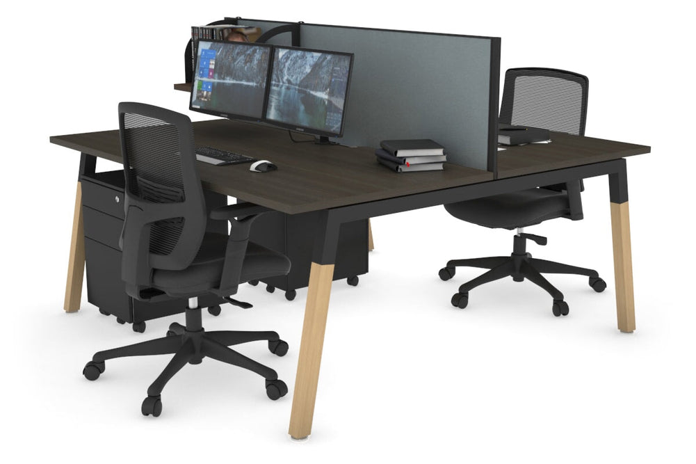 Quadro A Legs 2 Person Office Workstation - Wood Legs Cross Beam [1600L x 800W with Cable Scallop]-black leg dark oak cool grey (500H x 1600W)