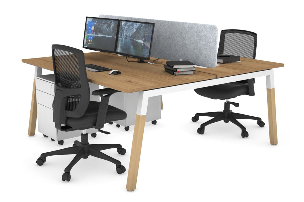 Quadro A Legs 2 Person Office Workstation - Wood Legs Cross Beam [1600L x 800W with Cable Scallop]-white leg salvage oak light grey acoustic panel (400H x 1600W)