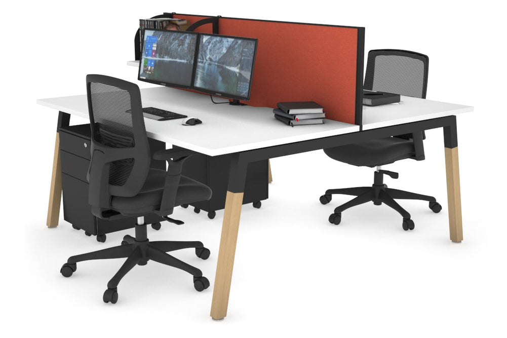 Quadro A Legs 2 Person Office Workstation - Wood Legs Cross Beam [1600L x 800W with Cable Scallop]-black leg white orange squash (500H x 1600W)