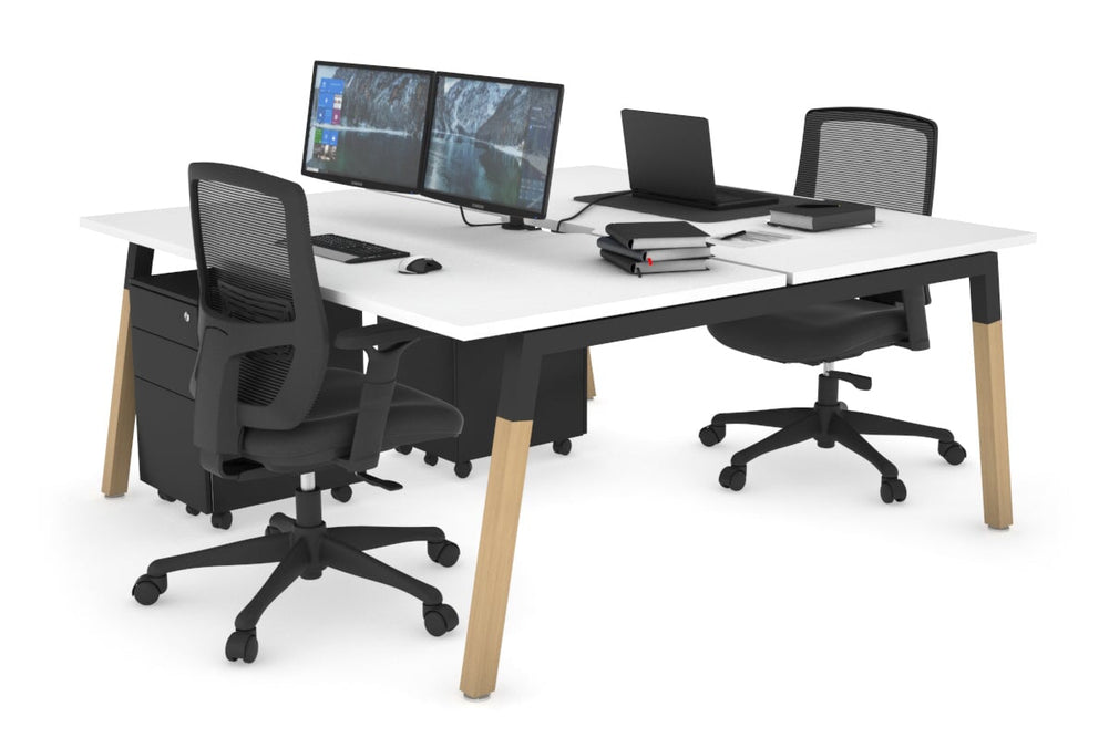 Quadro A Legs 2 Person Office Workstation - Wood Legs Cross Beam [1600L x 800W with Cable Scallop]-black leg white none
